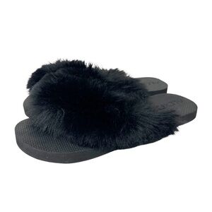 Alexis Womens Faux Fur Black Thong Flip Flop Sandals